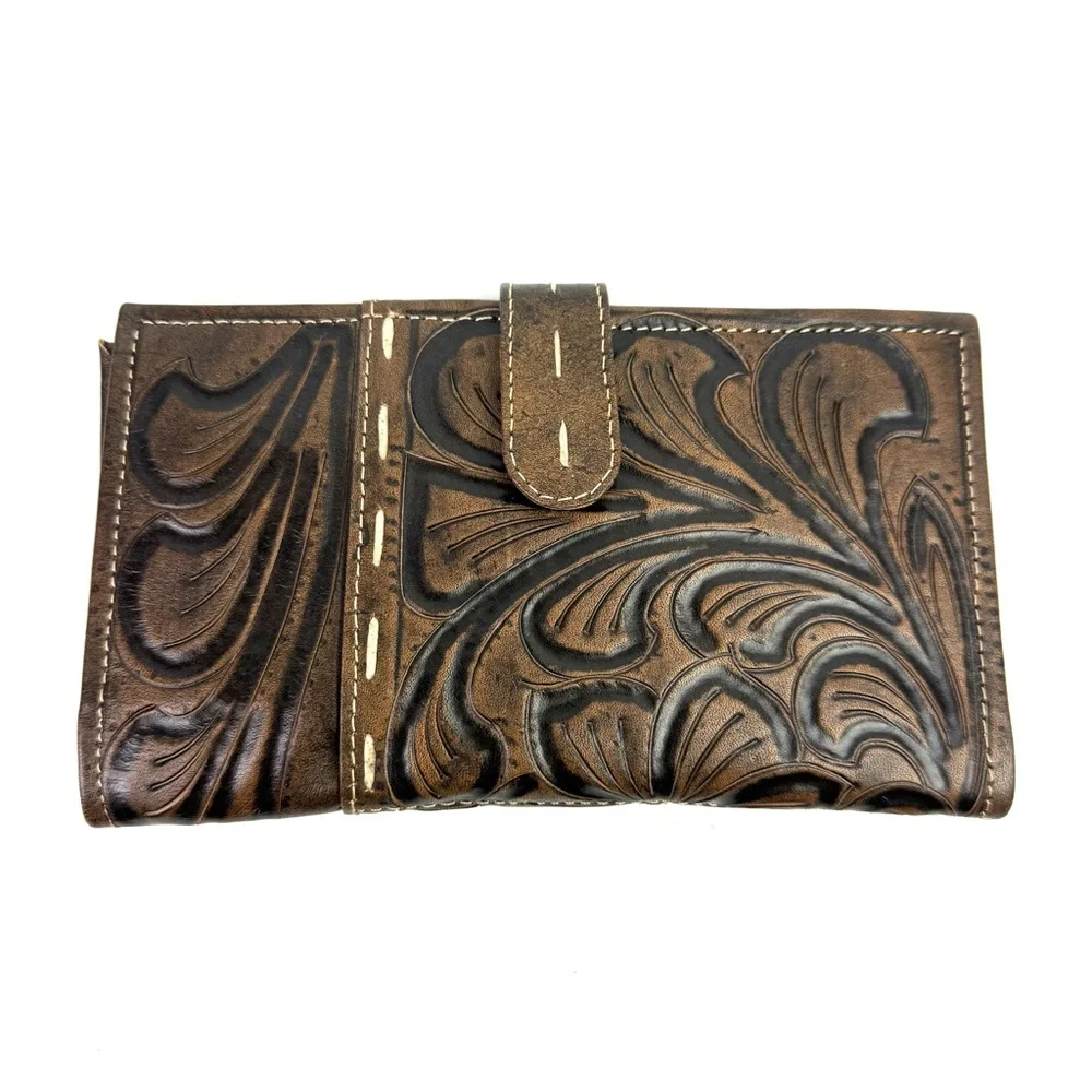 Leaders In Leather Wallet Handmade Tooled Wildflower‎ Design Brown Brand New